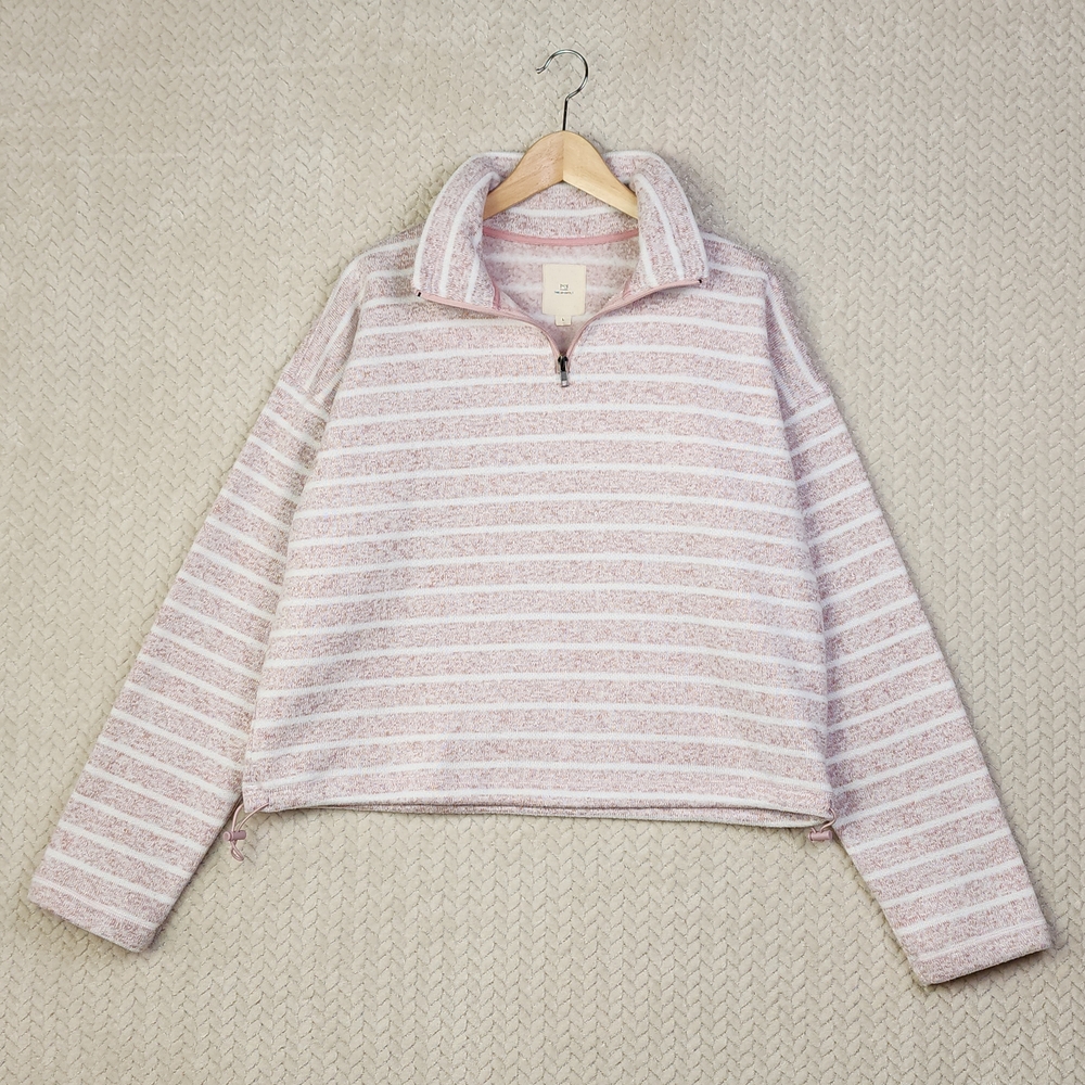 Thread and Supply Quarter Zip Cropped Stripe Pink Pullover Womens Large